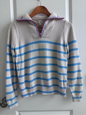 J. Crew Women’s Cream Sweater with Bright Blue Stripes and Zip Collar
